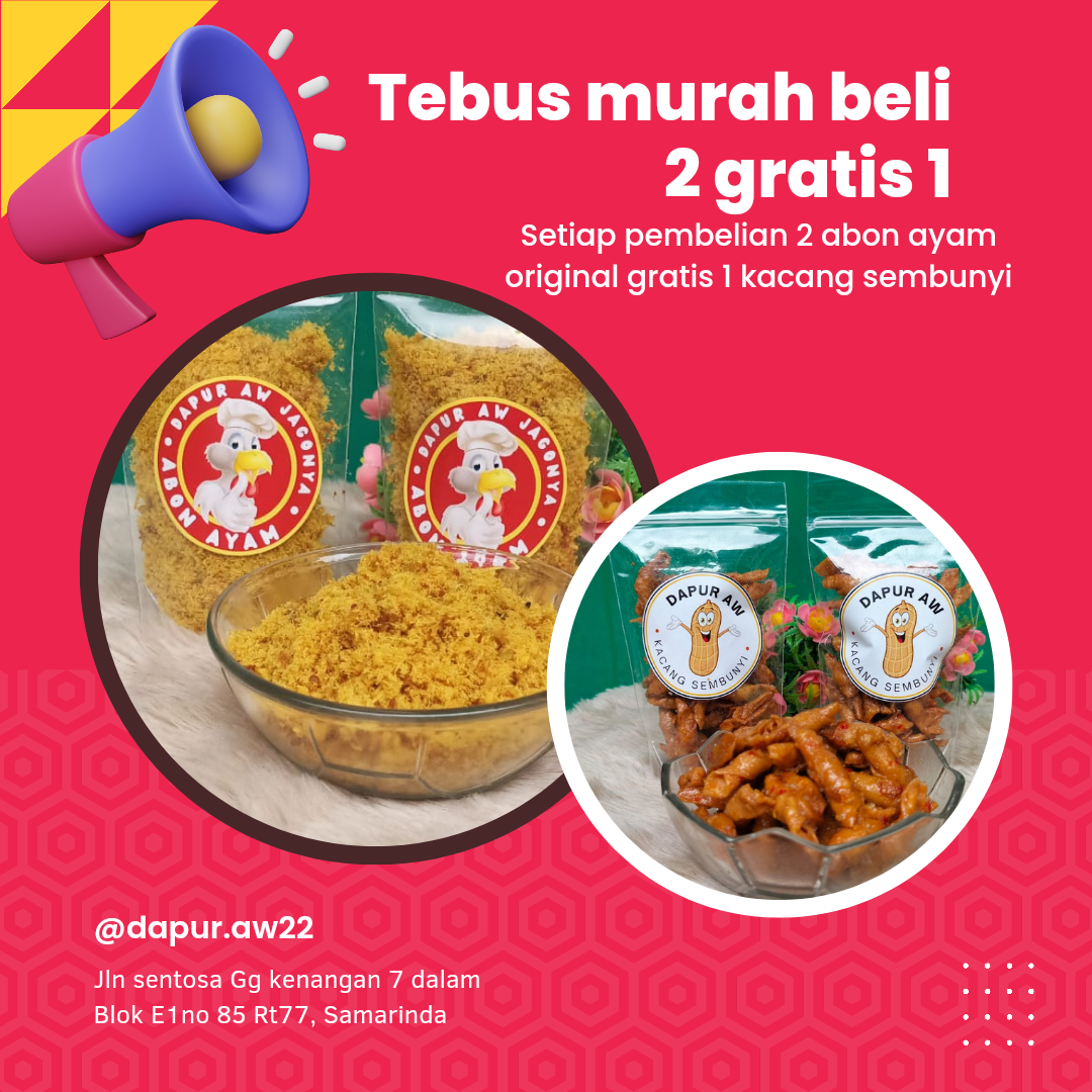Beli 2 bungkus abon ayam pedas gratis 1 bungkus kacang sembunyi