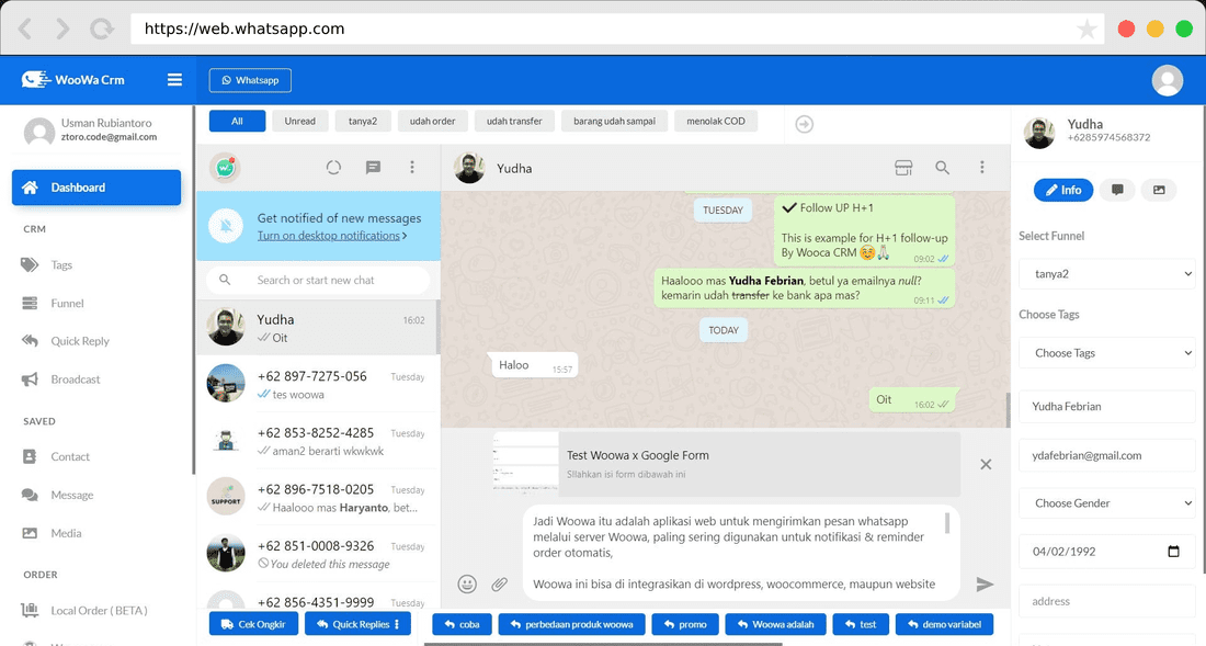 WooWACRM - Aplikasi CRM dan Whatsapp marketing