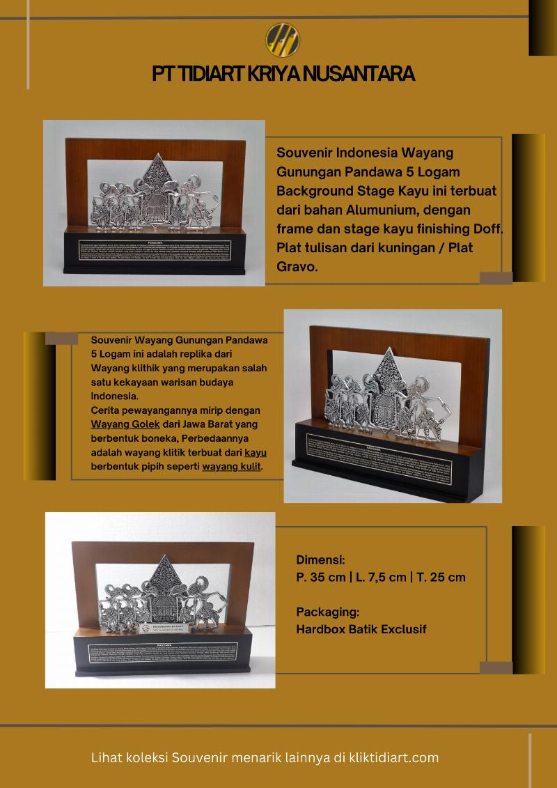 Souvenir Indonesia Wayang Gunungan Pandawa 5 Logam Background Stage Kayu